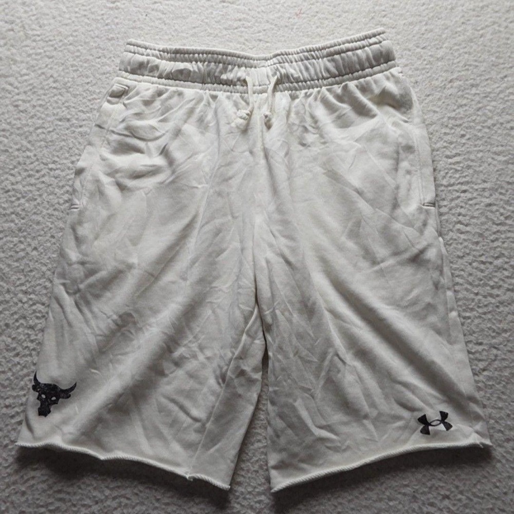 Under Armour Sweat Shorts Mens M White Bull Logo Terry 10 Inseam Elastic Waist